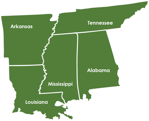Map image displaying the region we serve: Alabama, Arkansas, Colorado, Louisiana, Mississippi, Tennessee, and Texas